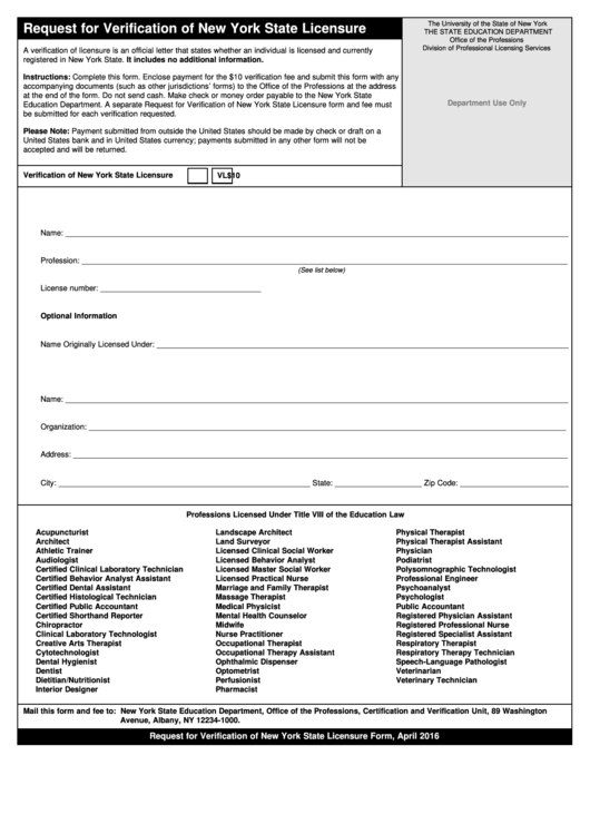 Request For Verification Of New York State Licensure Form Printable pdf