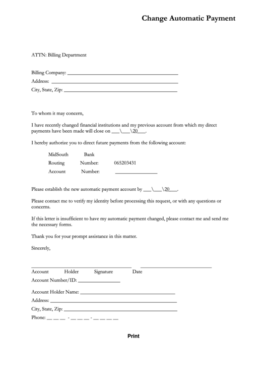 Fillable Change Automatic Payment Form Printable pdf