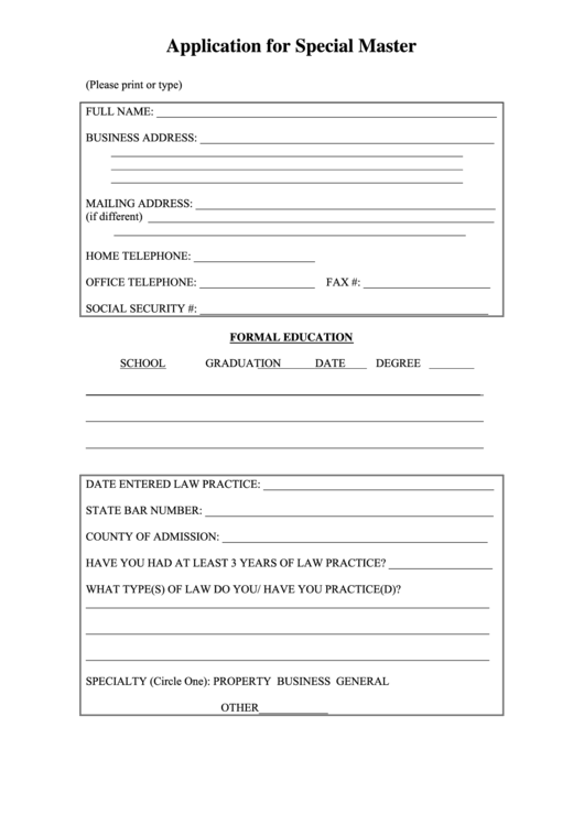 Application For Special Master Form