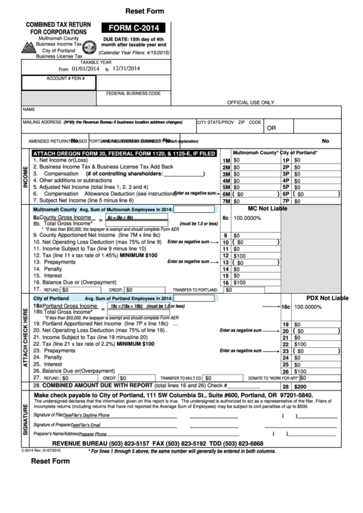 Fillable Form C-2014 - Combined Tax Return For Corporations - 2015 Printable pdf