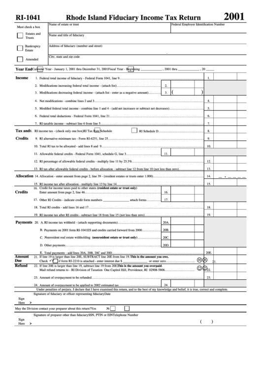 Form Ri-1041 - Rhode Island Fiduciary Income Tax Return 2001 Printable pdf