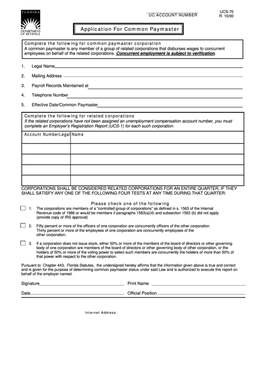 Form Ucs-70 - Application For Common Paymaster Printable pdf