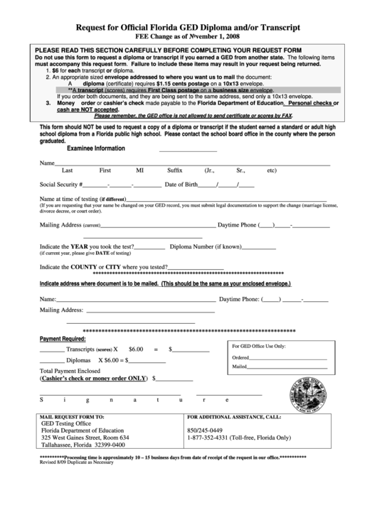 Request For Official Florida Ged Diploma And/or Transcript Form August 2009 Printable pdf