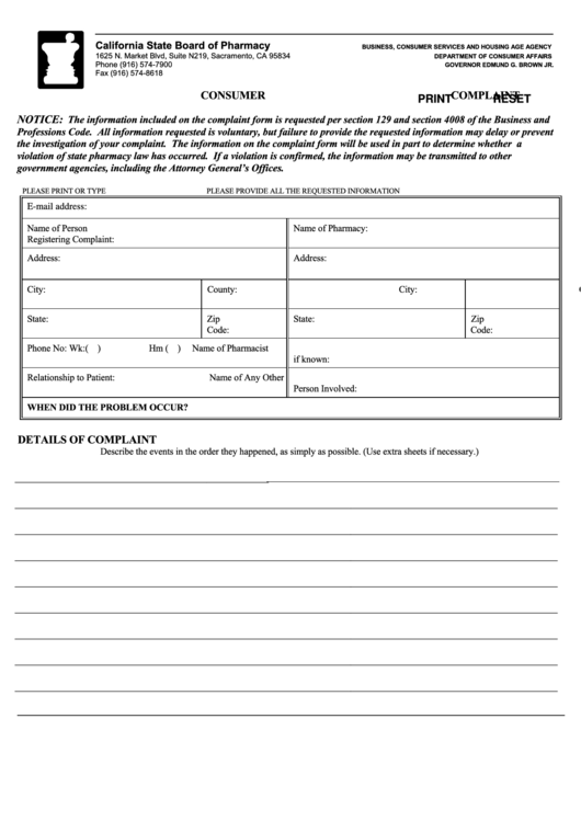 Fillable Consumer Complaint Form - California State Board Of Pharmacy Printable pdf