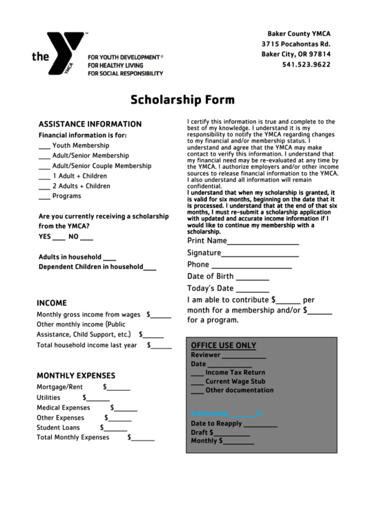 Scholarship Form - Ymca Printable pdf