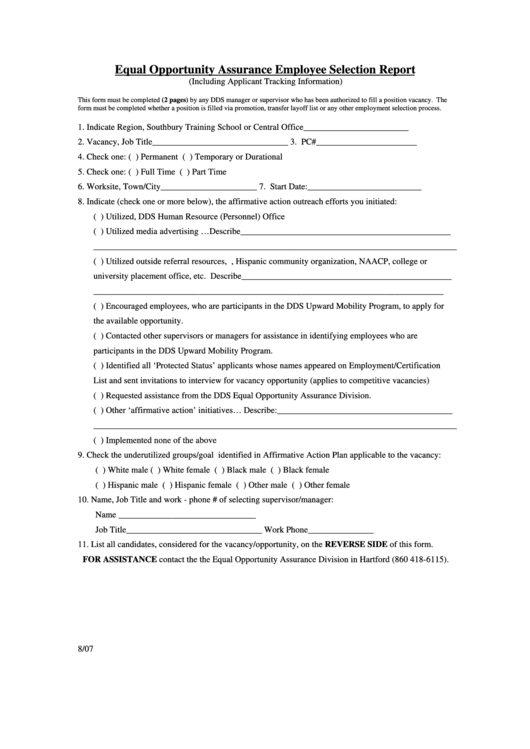 Equal Opportunity Assurance Employee Selection Report Form 2007 Printable pdf