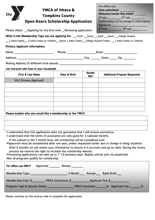 Fillable Open Doors Scholarship Application Form - Ymca Of Ithaca & Tompkins County Printable pdf