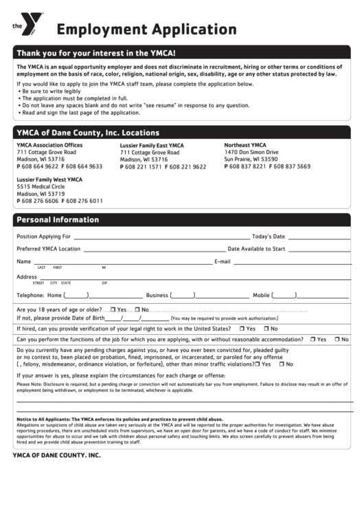 Fillable Employment Application Form Ymca Printable Pdf Download