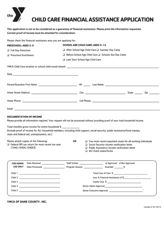 Child Care Financial Assistance Application Form - Ymca Printable pdf