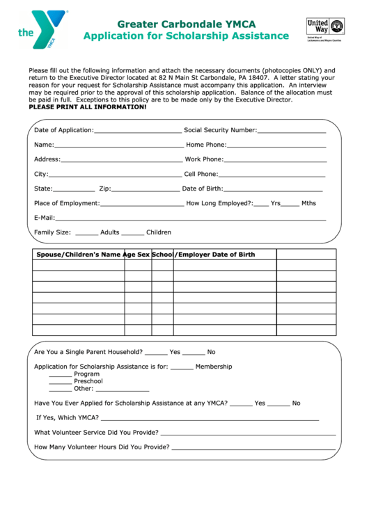 Application For Scholarship Assistance Form - Greater Carbondale Ymca Printable pdf