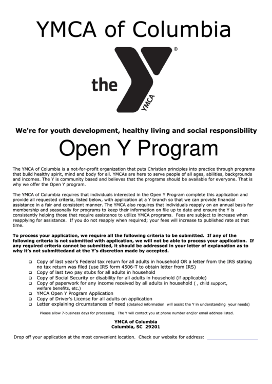 Open Y Scholarship Application Form - Ymca Of Columbia Printable pdf