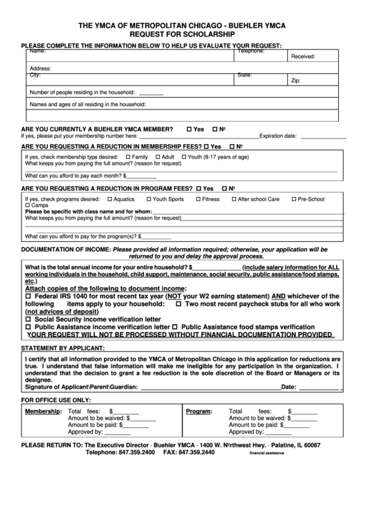 Request For Scholarship Form - The Ymca Of Metropolitan Chicago - Buehler Ymca Printable pdf