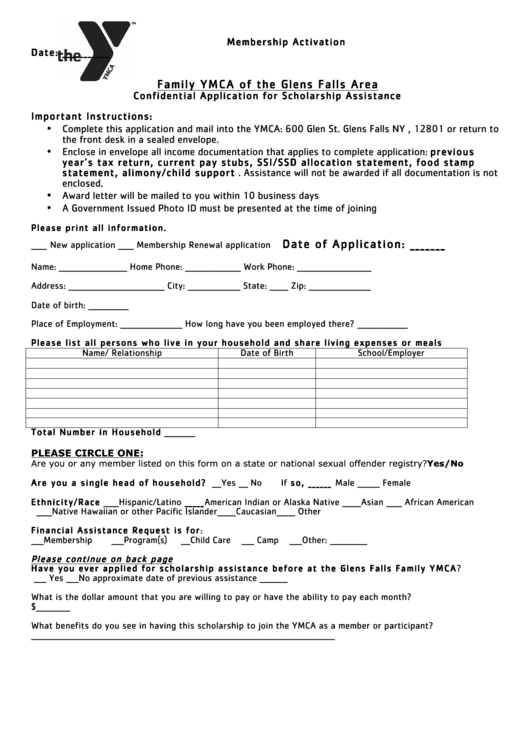 Confidential Application For Scholarship Assistance Form - Family Ymca Of The Glens Falls Area Printable pdf