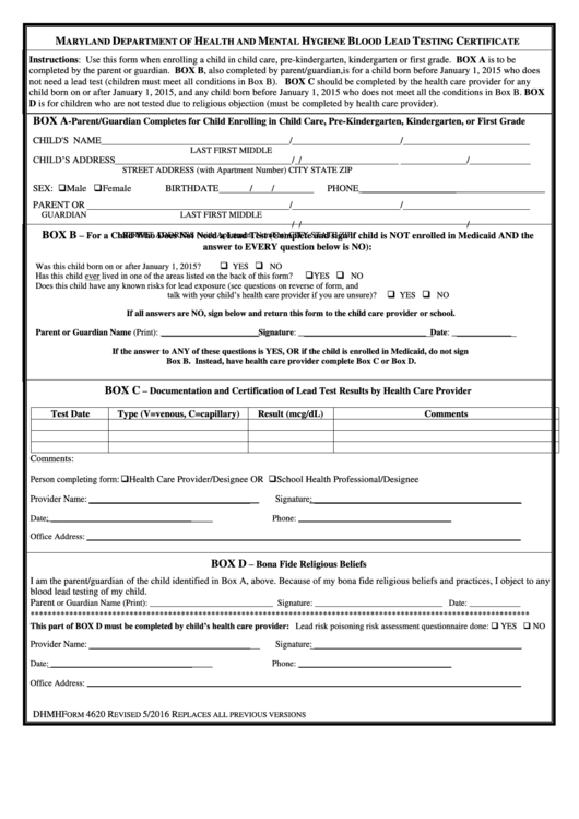 Dhmh Form 4620 - Hygiene Blood Lead Testing Certificate Printable pdf