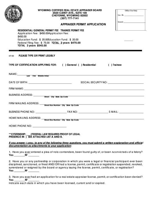 Appraiser Permit Application Form Printable pdf