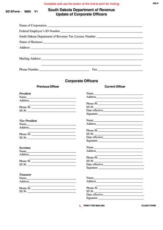 Fillable Sd Eform-0905 V1 - Update Of Corporate Officers Printable pdf