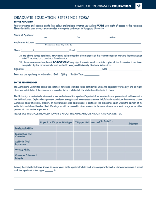 Graduate Education Reference Form-Vanguard University Printable pdf