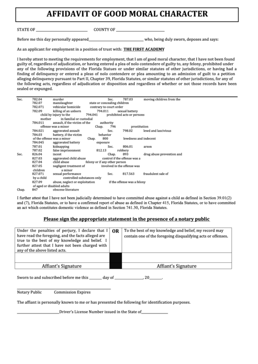 Affidavit Form Of Good Moral Character Printable pdf