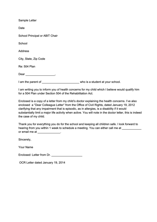 Sample Letter To School Principal Or Abit Chair About Health Concerns For Child Printable pdf