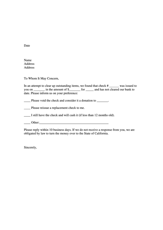Outstanding Checks Application Letter Form Printable pdf