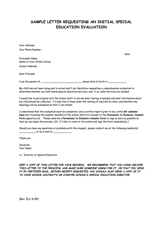 Sample Letter Requesting An Initial Special Education Evaluation