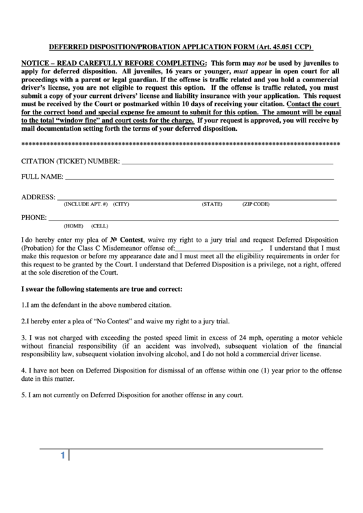 Application For Deferred Disposition/probation Application Form Printable pdf