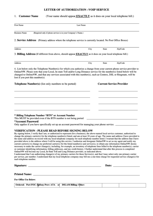 Letter Of Authorization Form-Voip Service Printable pdf