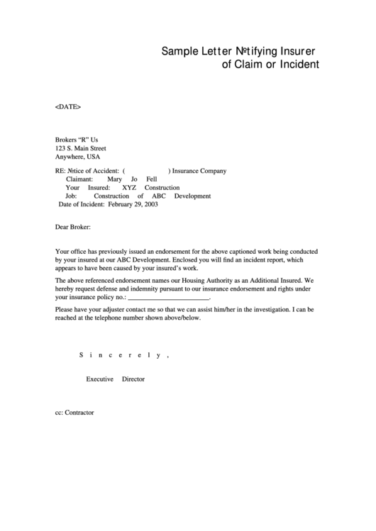 Sample Letter Form Notifying Insurer Of Claim Or Incident printable pdf