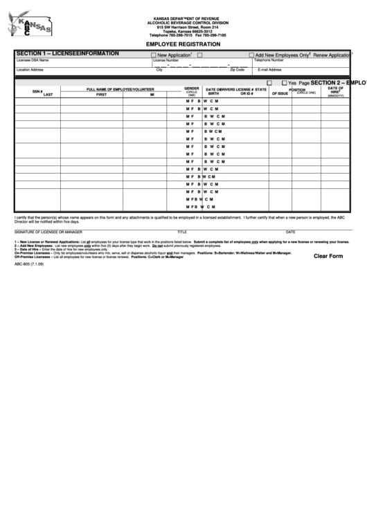 Fillable Form Abc-805 - Employee Registration - Kansas Department Of Revenue Printable pdf