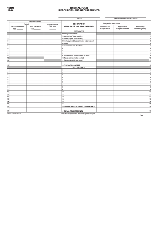 Fillable Form Lb-10 - Special Fund Resources And Requirements Printable pdf