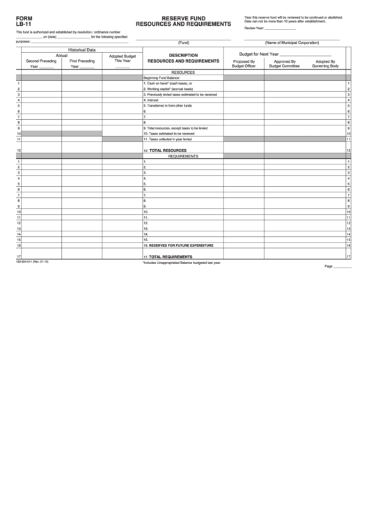 Fillable Form Lb-11 - Reserve Fund Resources And Requirements Printable pdf