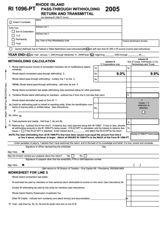 Form Ri 1096-Pt - Rhode Island Pass-Through Withholding Return And Transmittal - 2005 Printable pdf