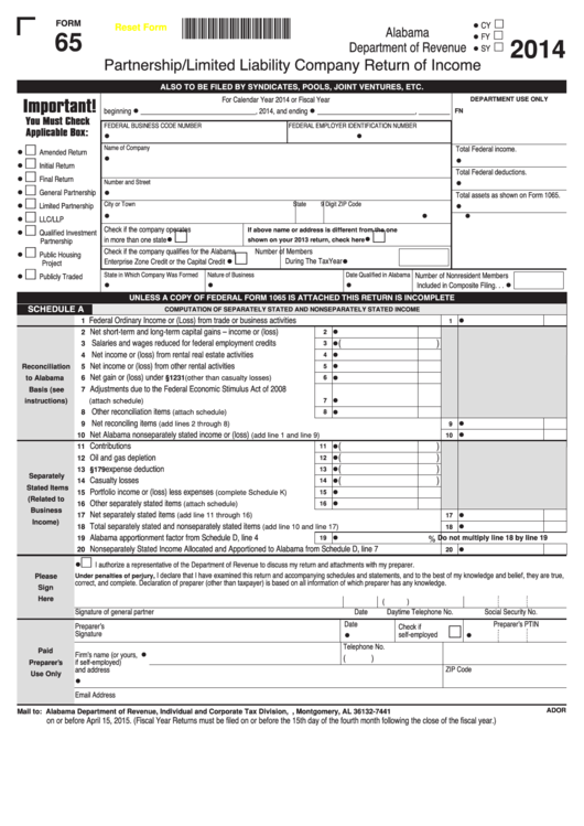 Fillable Form 65 - Partnership/limited Liability Company Return Of Income - 2014 Printable pdf