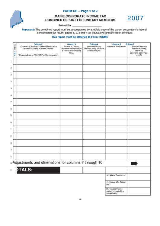 Form Cr - Maine Corporate Income Tax Combined Report For Unitary Members - 2007 Printable pdf