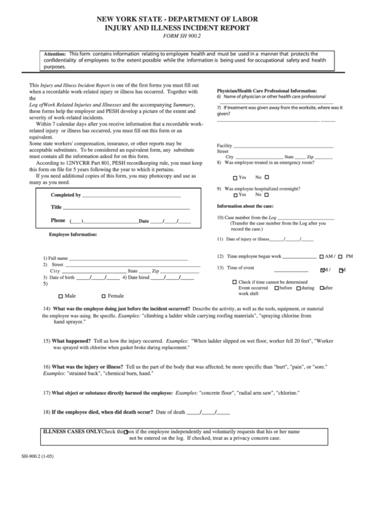 Fillable Form Sh 900.2 - Injury And Illness Incident Report Printable pdf