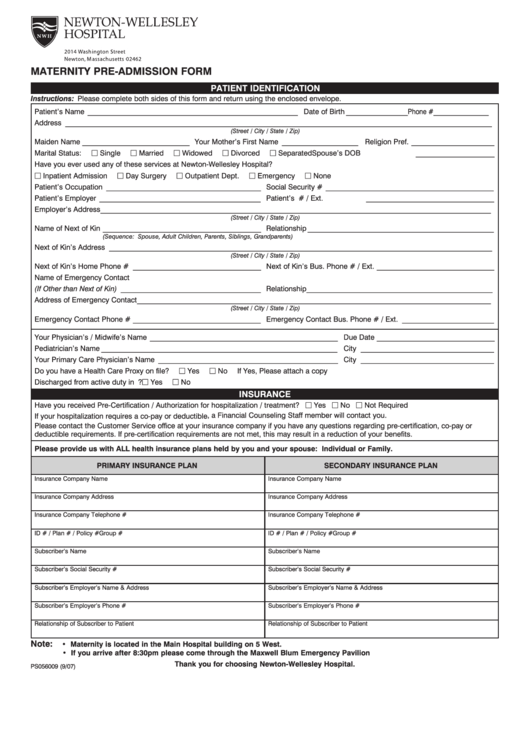 Fillable Maternity Pre-Admission Form 2014 Printable pdf