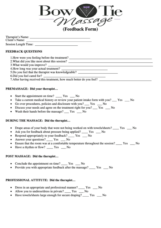 Feedback Form (Massage) Printable pdf