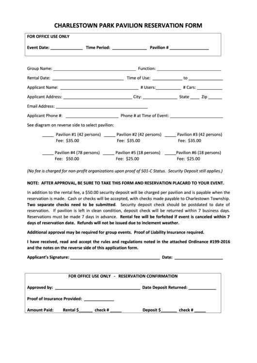 Charlestown Park Pavilion Reservation Form Printable pdf