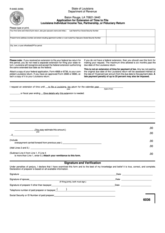 Form R-6465-Application For Extension Of Time To File-Signature And Verification September 1999 Printable pdf