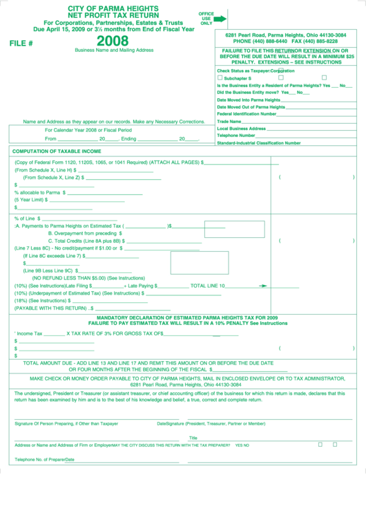 Net Profit Tax Return - City Of Parma Heights - 2008 Printable pdf