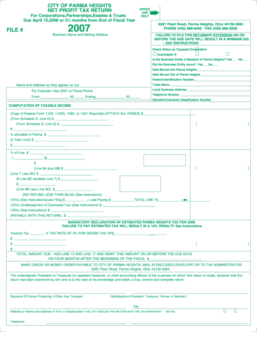 Net Profit Tax Return - City Of Parma Heights - 2007 Printable pdf