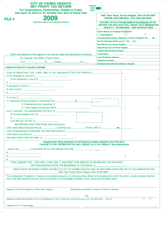 Net Profit Tax Return - City Of Parma Heights - 2009 Printable pdf
