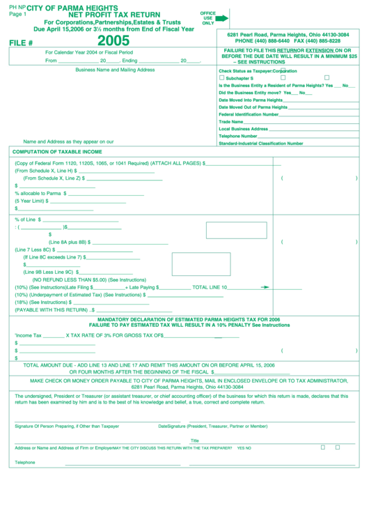 Form Ph Np - Net Profit Tax Return - City Of Parma Heights - 2005 Printable pdf
