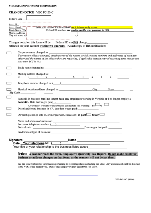 Vec Fc-20-C-Virginia Employment Commission Form 2006 Printable pdf