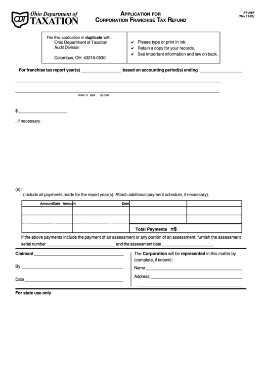 Form Ft-Re - Application For Corporation Franchise Tax Refund -11/2001 Printable pdf