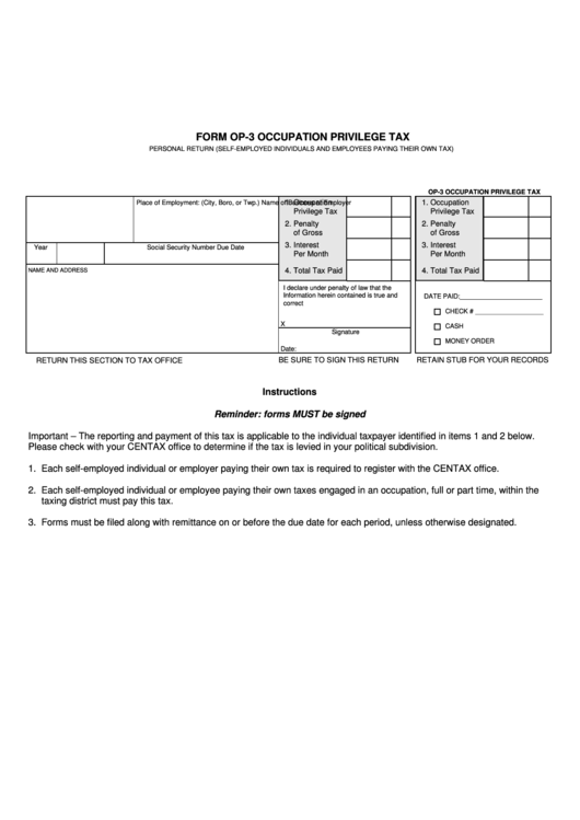 Form Op-3 - Occupation Privilege Tax Printable pdf