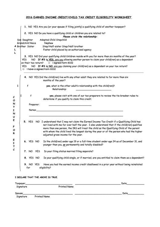 2016 Earned Income Credit/child Tax Credit Eligibility Worksheet Printable pdf