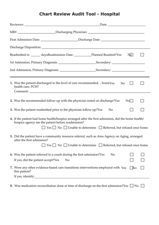 Chart Review Audit Tool Form-Hospitals Printable pdf