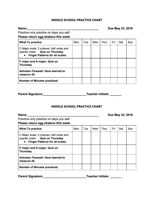 Middle School Practice Chart Form