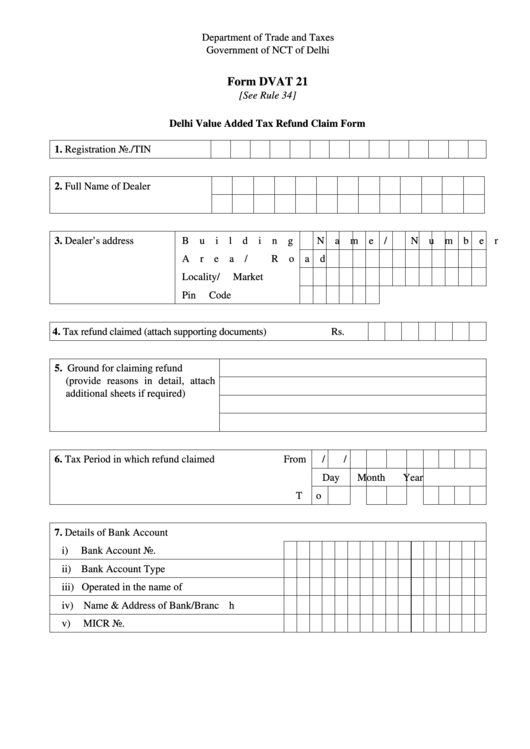 Form Dvat 21-Delhi Value Added Tax Refund Claim Form Printable pdf